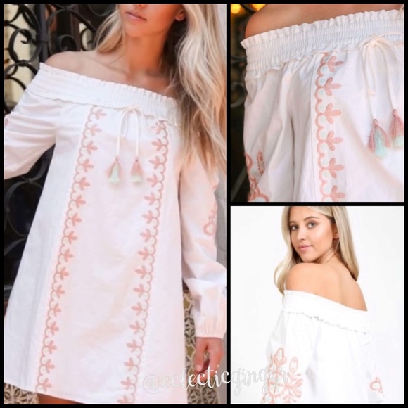 White mint green baby pink embroidered off the shoulder long sleeve dress S M L - Picture 6 of 7